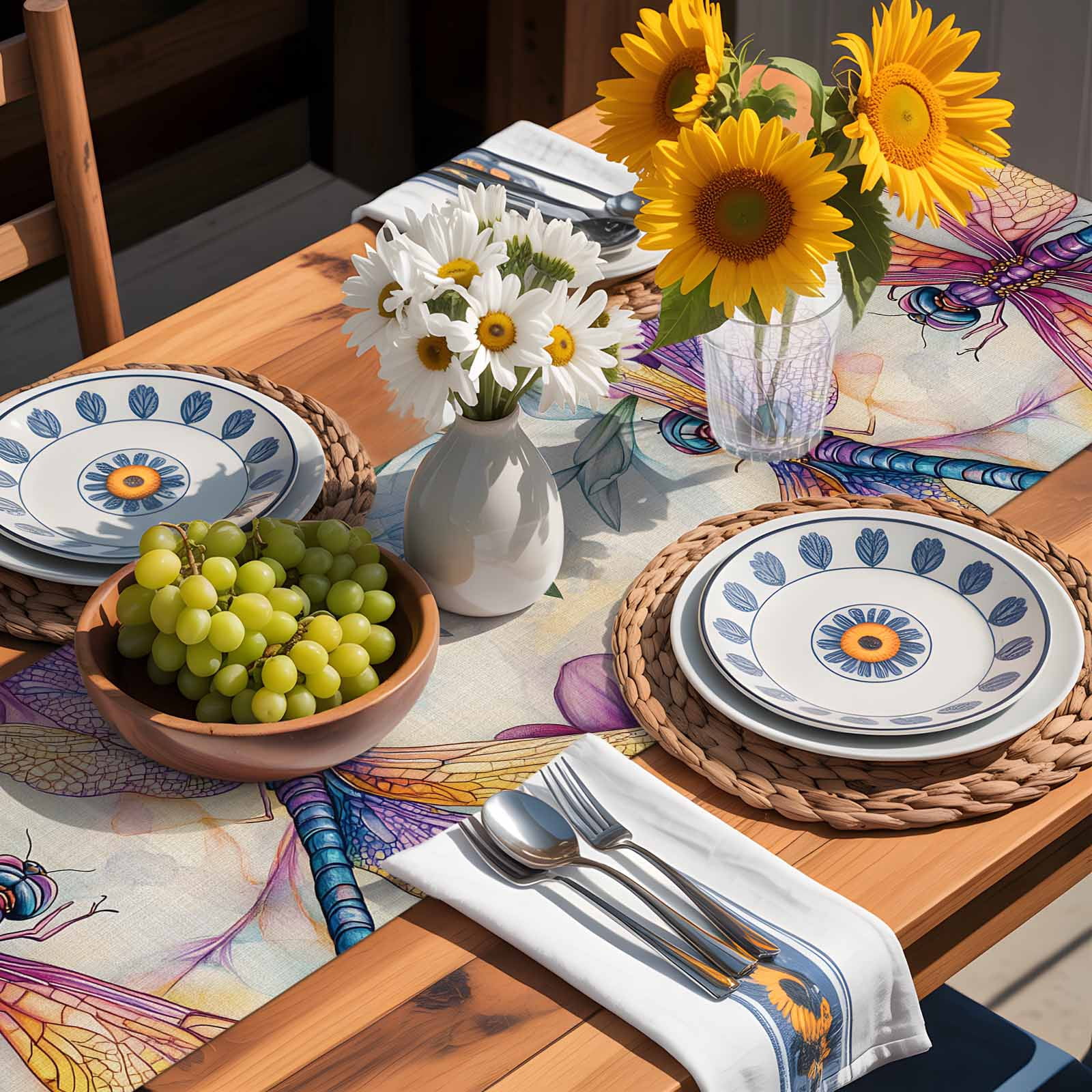 Colorful Rustic Pastoral Dragonfly Table Runner 90 Inches Long, Summer Watercolor Flower Table Runners Tabletop Scarf Kitchen Dining Tables Decoration for Home Party Indoor Outdoor