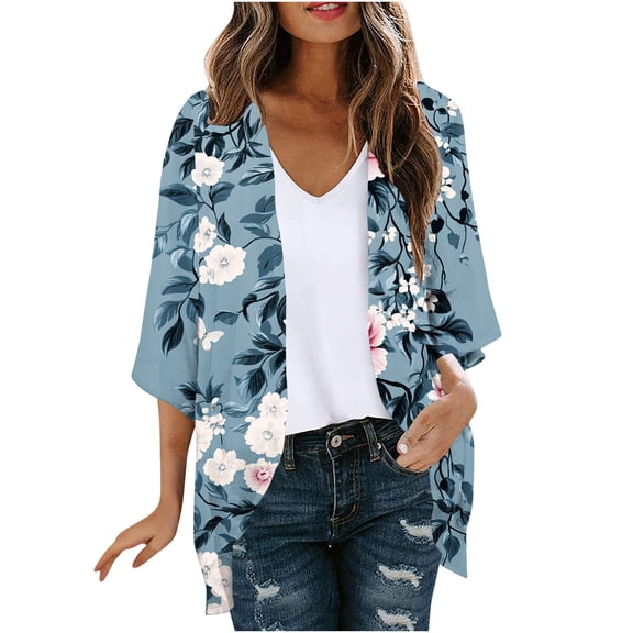 Floral Peony Print Open Front 3/4 Sleeve Lightweight Chiffon Kimono Cardigan for Women Spring Summer Beach Casual Cover Up
