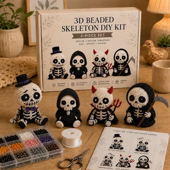 3D Beaded Skeleton DIY Kit, Halloween Bead Art Craft Set for Adults Teens, Cute Gothic Skeleton Desk Decor, Handmade Kawaii Beading Project for Family Activities Gifts