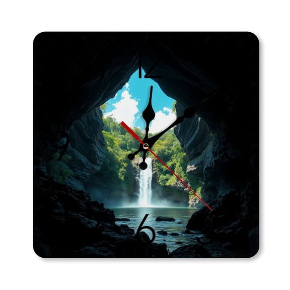 RKSupls 10×10inch Square Silent Wall Clock Wooden Frame, Cave Waterfall Fantasy Scale Decorative Clock for Home Bedroom Living Room Office