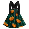 thumbnail image 2 of Women's Halloween Dress Pumpkin 1950s Long Sleeve Funny Tea Length Dress Witch Hat Printed V-Neck Retro Dresses with Belt S, 2 of 7