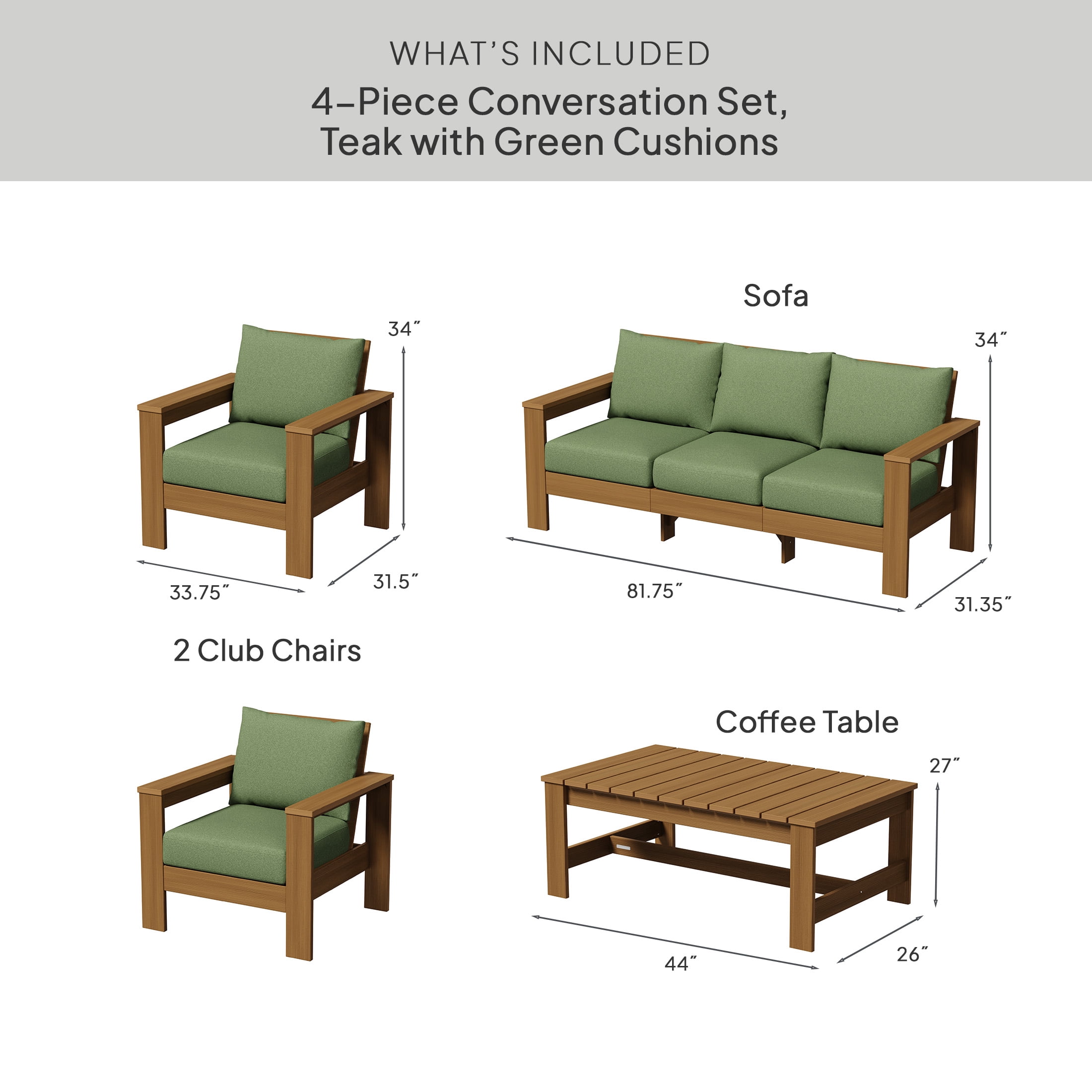 Better Homes & Gardens Ezra 4-Piece Outdoor HDPE Conversation Set, Teak with Green Cushions