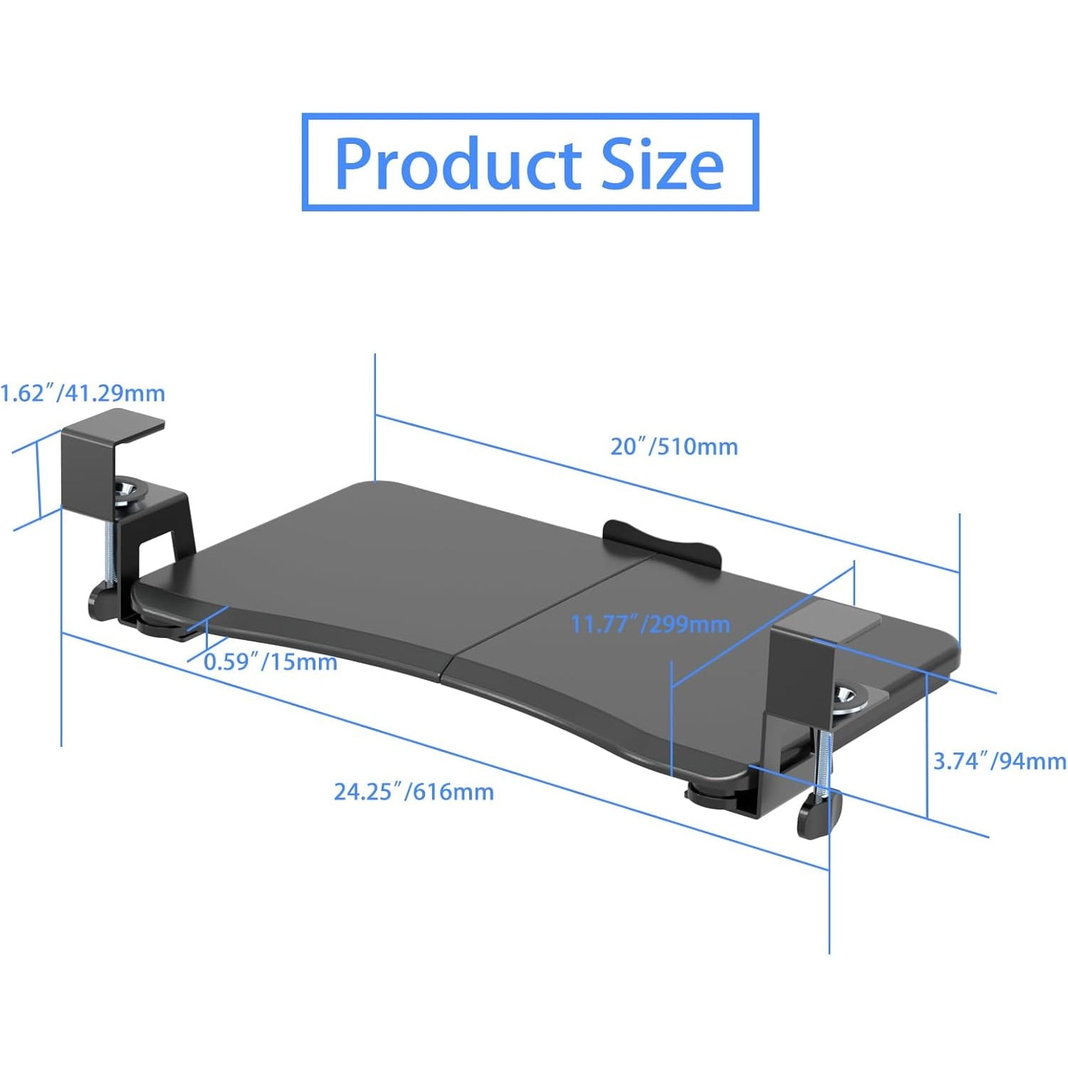 Small Keyboard Tray Under Desk Pull Out with C Clamp Mount, Computer Keyboard & Mouse Tray, 20 (24.2 Including Clamps) x 11.8 inch Slide-Out Platform Computer Drawer for Typing, Black,