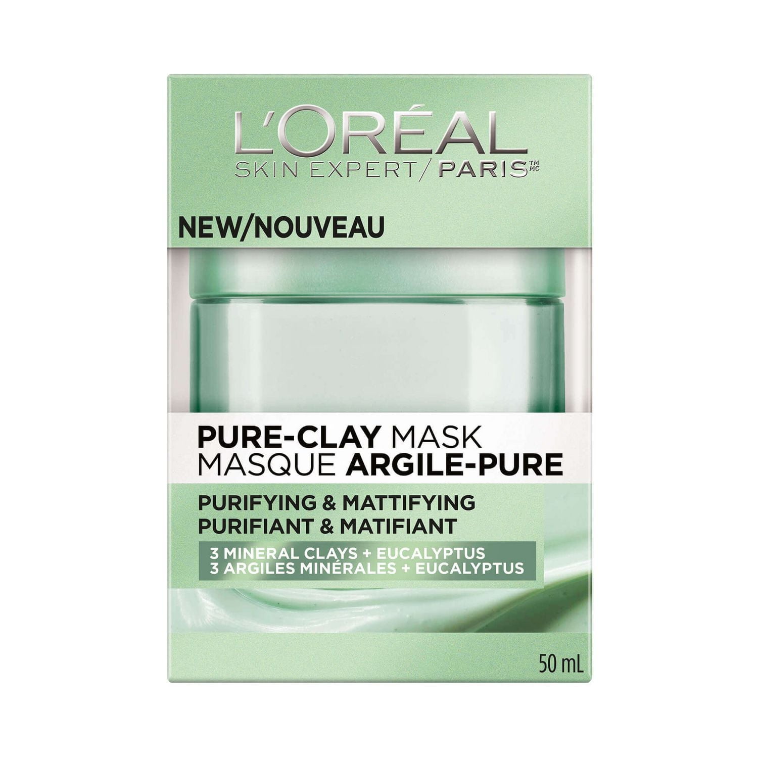 L'Oréal Paris Pure-Clay Masque nettoyant avec 3 Argiles Minérales + Eucalyptus pour peau grasse, 50 ml