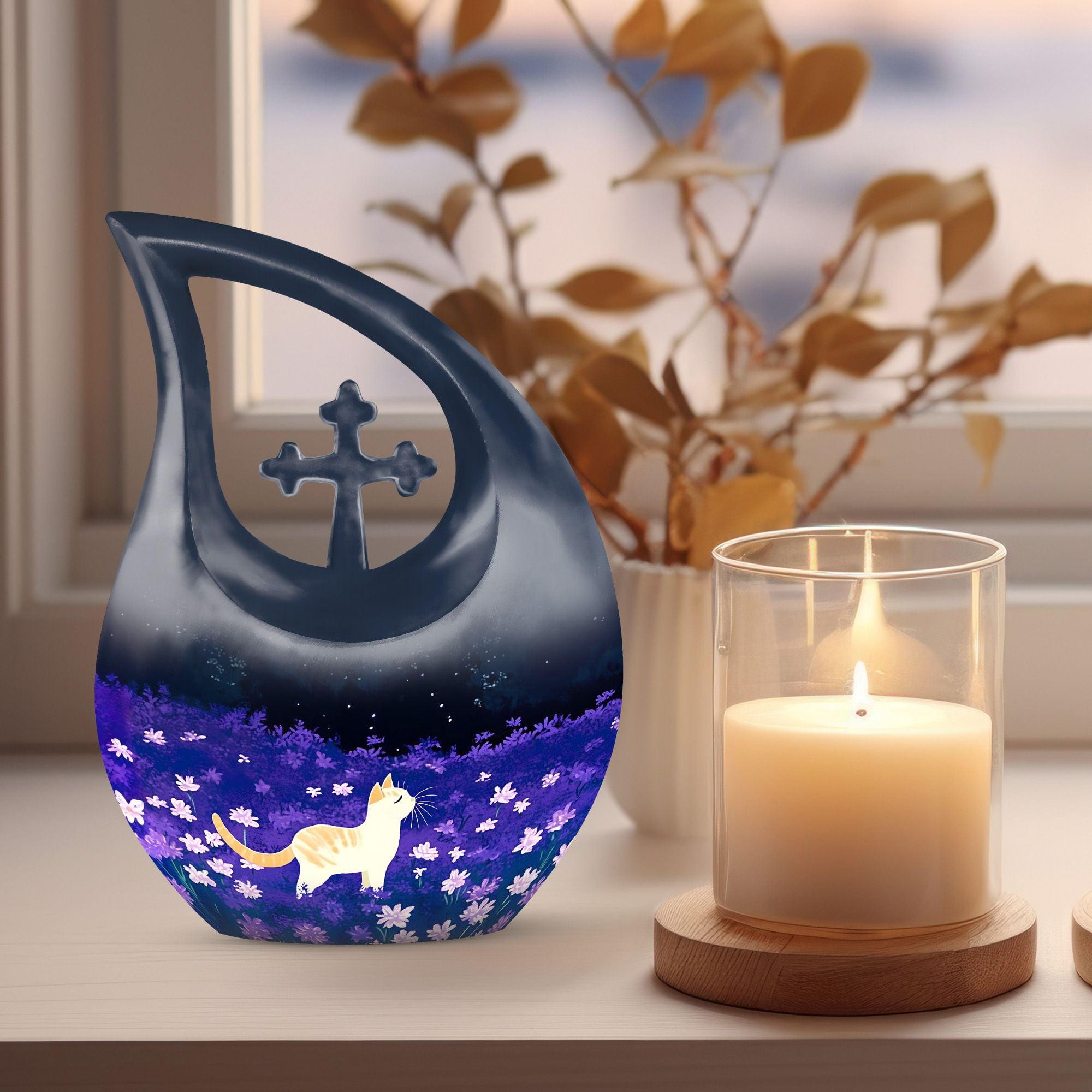 MUKTIVE White Cat Cremation Urn for Human Ashes Adult Mother & Father - Blue Cross Drop Urns for Burial - Memorial Flowers Large Urn for Men & Women (10 Inch)