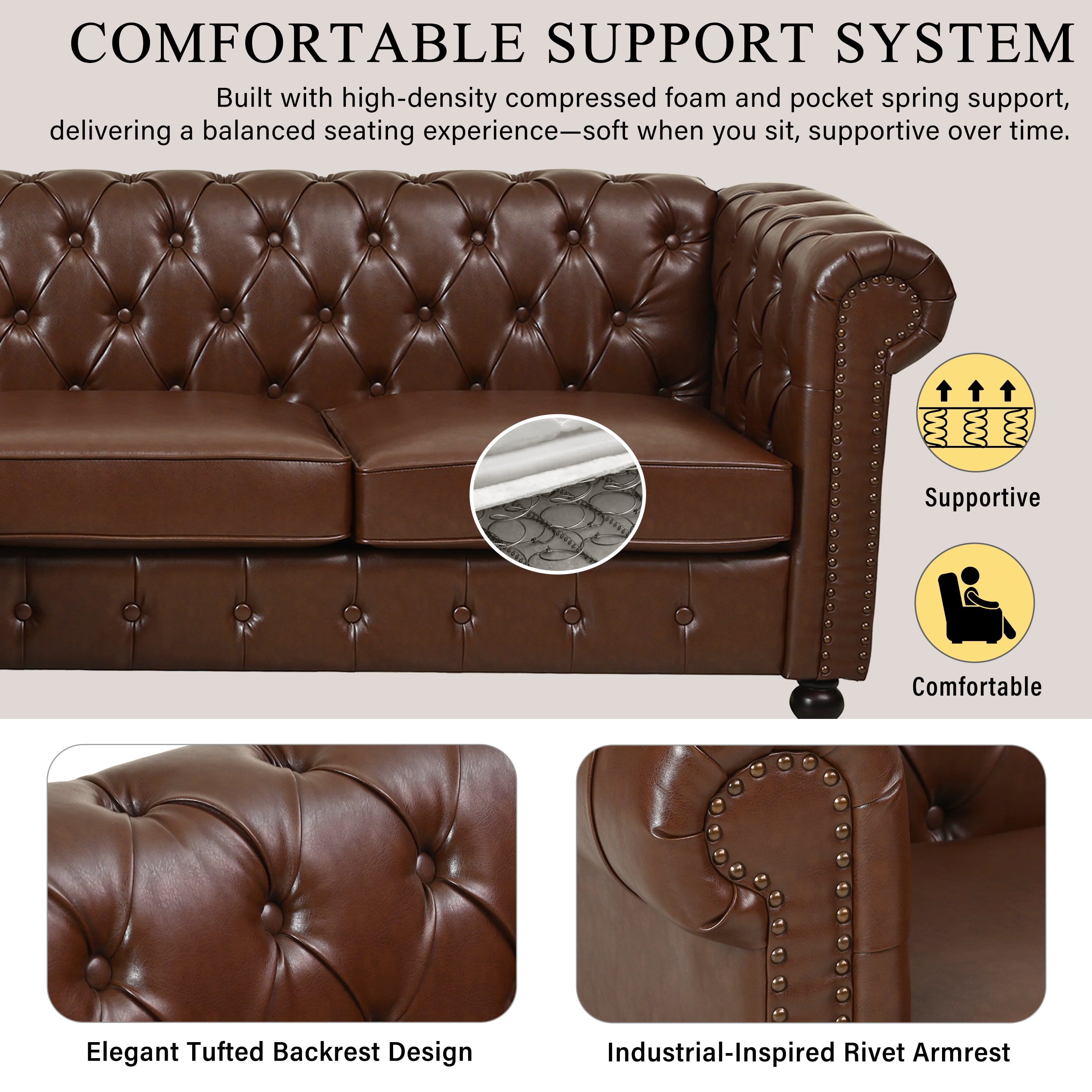 Howcool 85"W Chesterfield Sectional Sofa with Storage Ottoman,L-Shaped Faux Leather Sofa Couch,4-Seater Modular Sofa with Tufted Back & Nailhead Trim for Living Room,Brown
