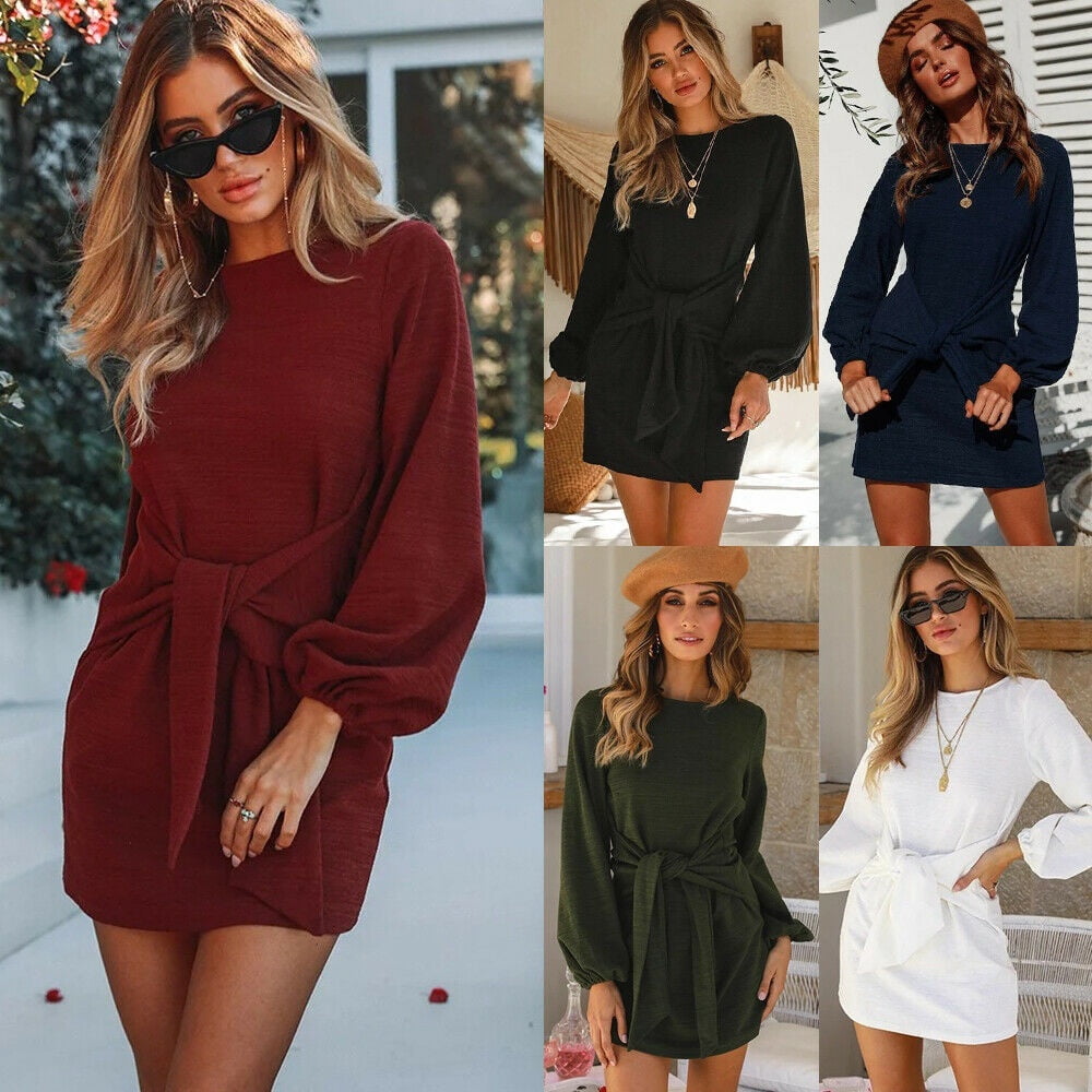 Women´s Round Neck Puff Sleeve Belted 
