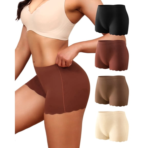 Aijolen Seamless Boy Shorts Underwear for Women with Wavy Edge, High-waisted No Show Boxer Briefs Panties 4 Pack(M,Cork Nook)
