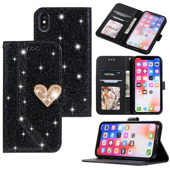 iPhone X Case, iPhone XS Case, Allytech PU Leather Glitter Diamond Embossed Shockproof Cards Pocket Folio Flip Protective Kickstand Lightweight Case Cover for Apple iPhone X, iPhone XS, Black