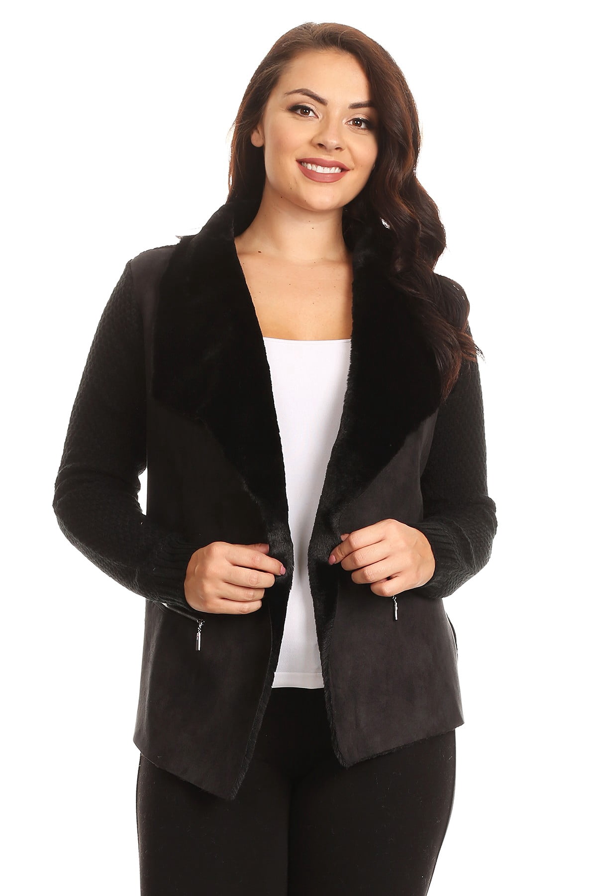 Women's Black Faux Fur Suede Knit Open 