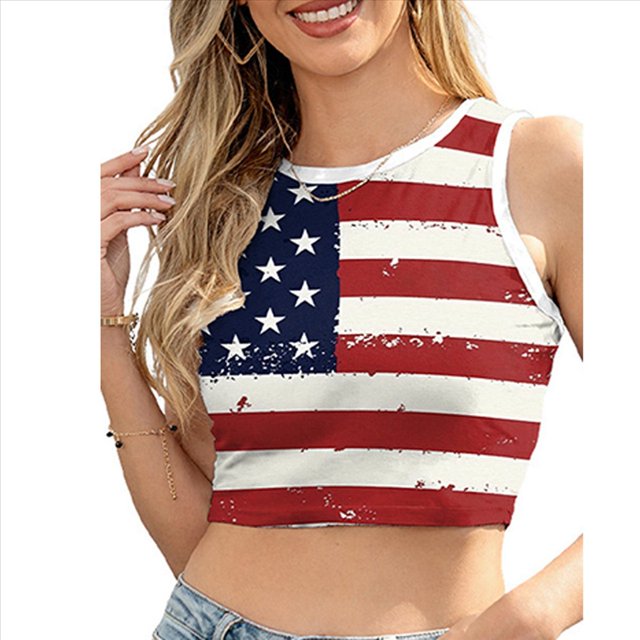 Camiseta Sin Mangas Corta con la Bandera Estadounidense de EE. UU. para Mujer, Ideal para Cosplay, con el 4 de Julio. B298-1002 L