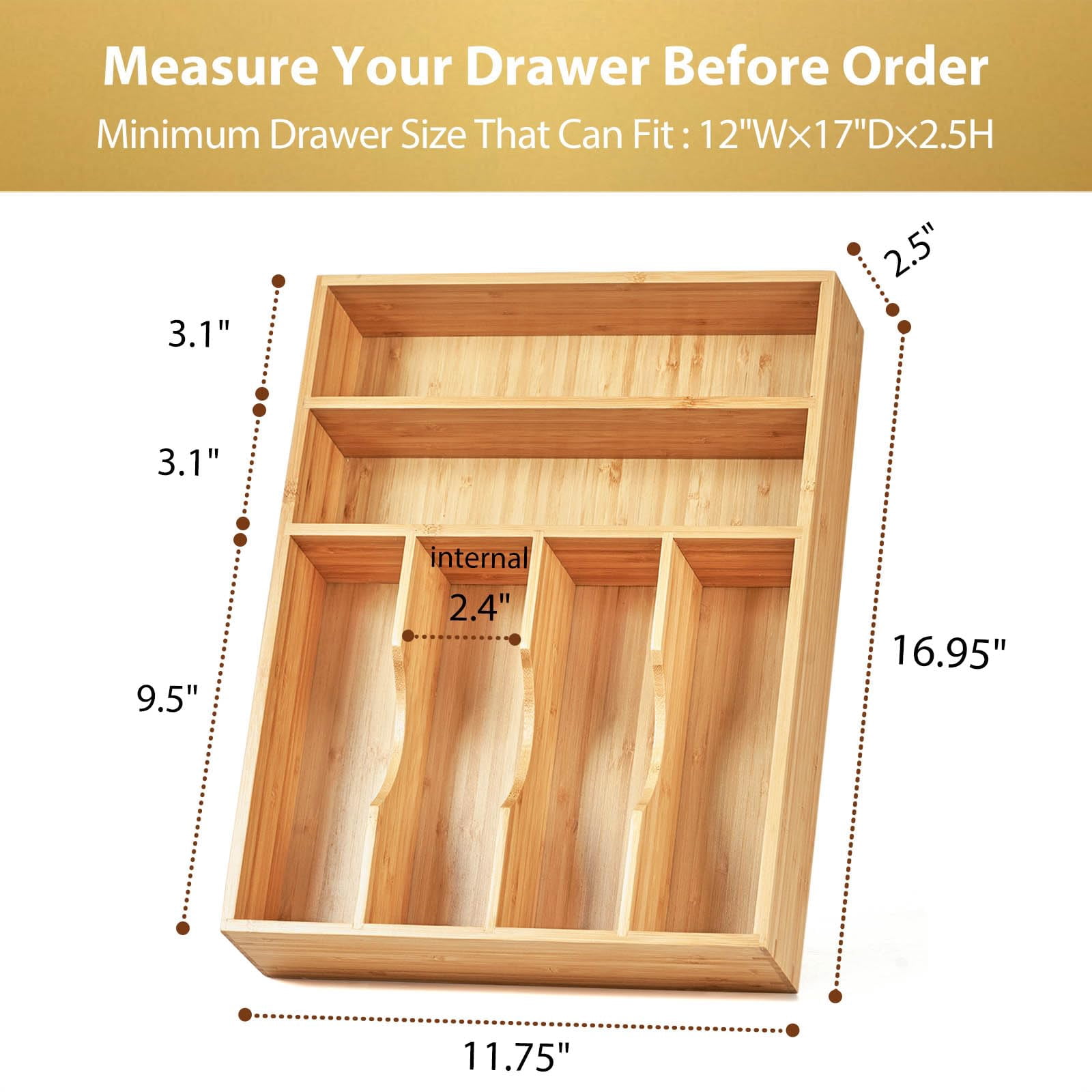 Kitchen Drawer Organizer Utensil Tray Holder, Extra Deep Bamboo Wood Caddy with Non-Slip Feet and Grooved Divider, 7 Slots for Flatware Cutlery Knives