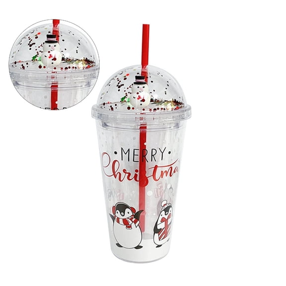 ZPAQI Christmas Themed Reusable Water Tumbler Glitter Cup with Straw and Lid 450ml