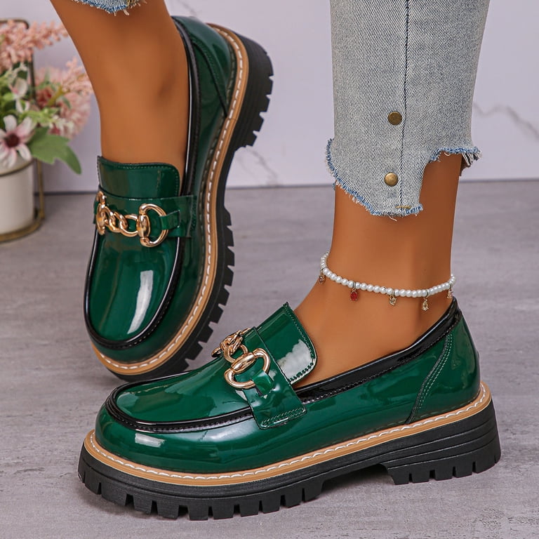 green ladies dress shoes Women Patent Leather Loafers With Round Toe And Low Heel For Comfortable Use IMG-CROP