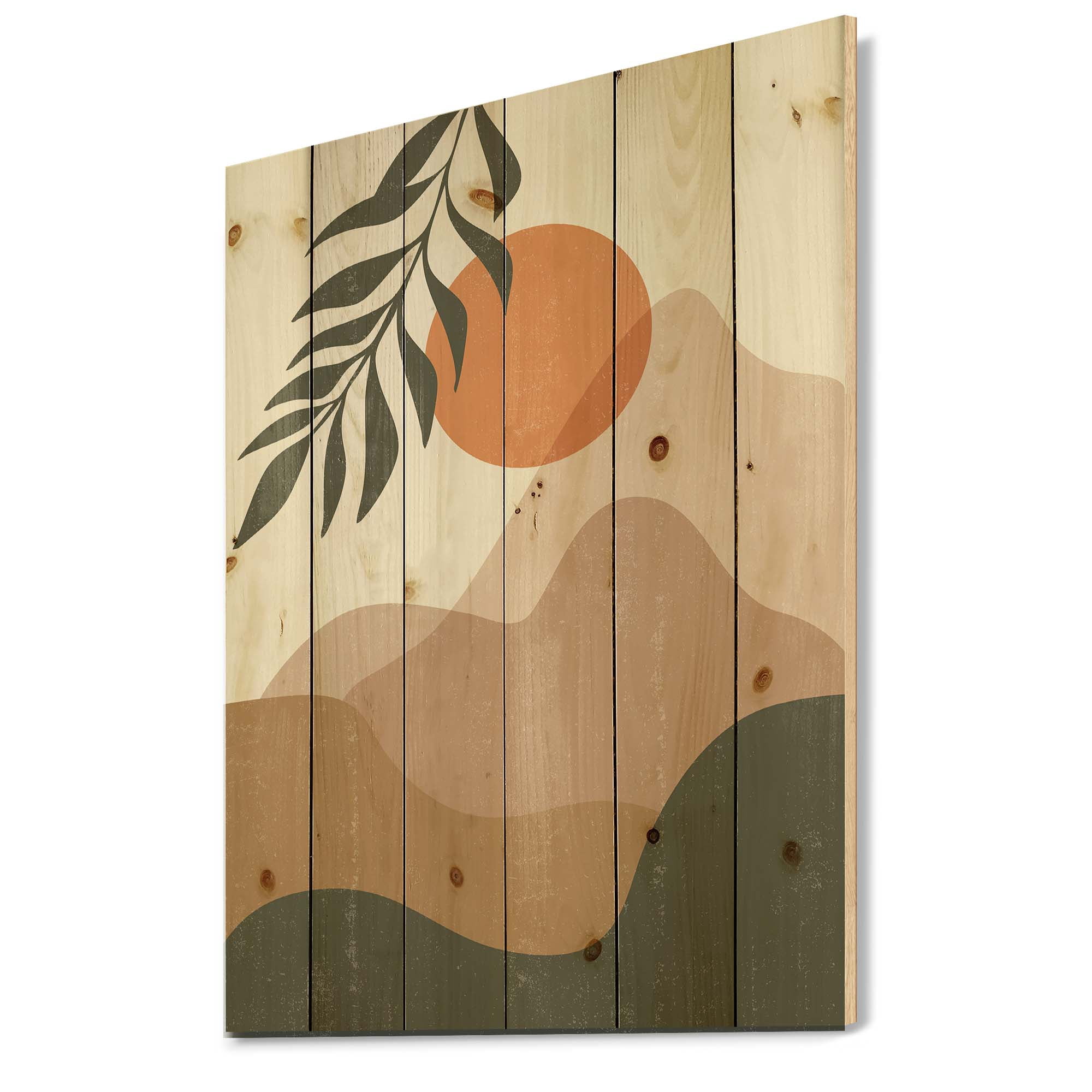 Designart 'Abstract Earth Toned Mountains With Red Moon I' Modern Print on Natural Pine Wood
