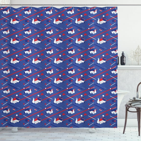 Ambesonne Sea Shower Curtain, Origami Swans Seigaiha Waves, 69"Wx70"L, Vermilion Persian Blue