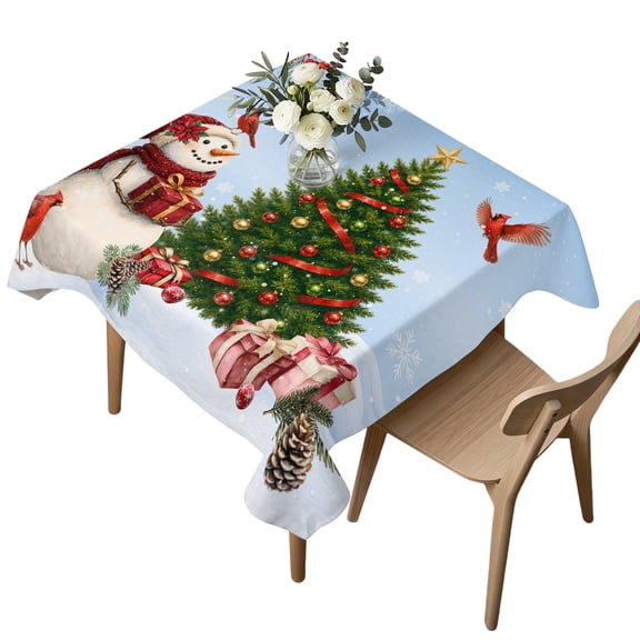 Waterproof Tablecloth Christmas Tree Snowman on Blue Square Table Cloth 54x54in,Wipeable Washable Table Cover Winter Snowflake Cardinal Plant Tablecloths for Dining Tables Kitchen Picnic Party