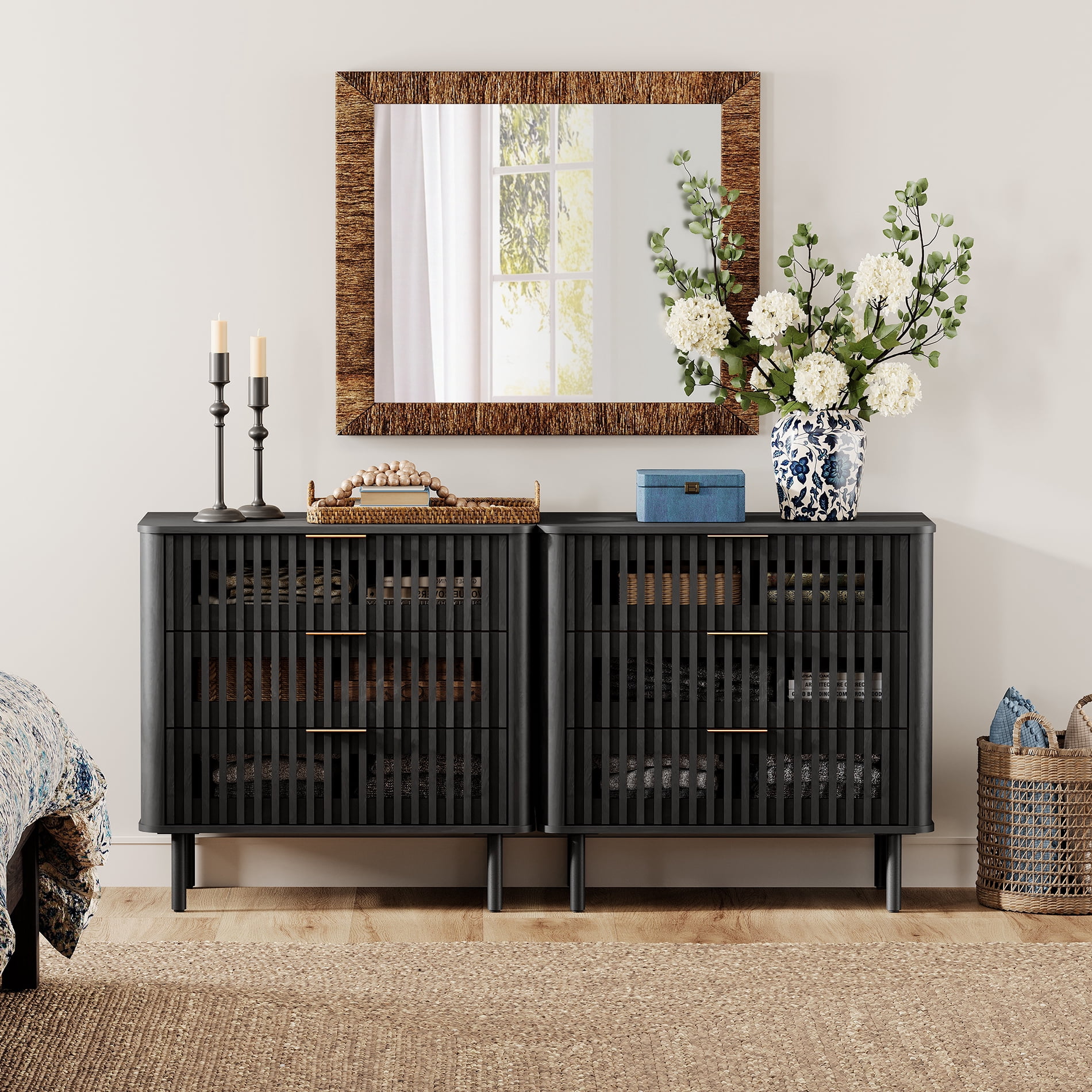 63"W Sideboard Buffet Cabinet with Storage, Fluted Kitchen Buffet Storage Cabinet with 6 Drawer, Large Coffee Bar Cabinet, Modern Buffet Table for Dining Living Room, Black
