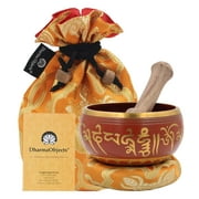 DharmaObjects ~ Tibetan OM MANI Singing Bowl Set ~ With Mallet, Brocade Cushion & Carry Bag ~ For Meditation, Chakra Healing, Prayer, Yoga (Orange)