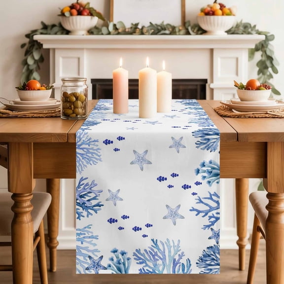 Summer Ocean Blue Coral Table Runner, Nautical Sea Watercolor Fish Starfish Cotton Linen Kitchen Table Decoration Washable Dining Tabletop Runners for Home Party Decor 13x36 Inches