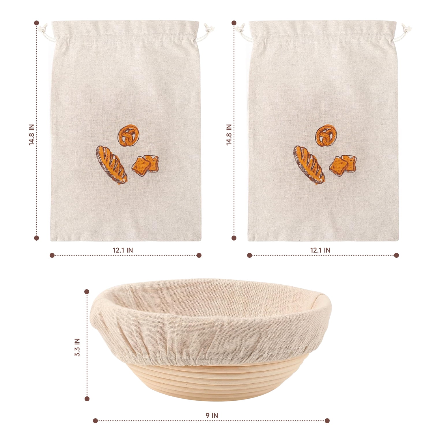 ALLJOY 2pcs Banneton Bread Proofing Basket with 2 Bread Bag，9 Inch Set of 2 Round Sourdough Bread Proofing Baskets Baking Supplies，Sourdough Starter Kit