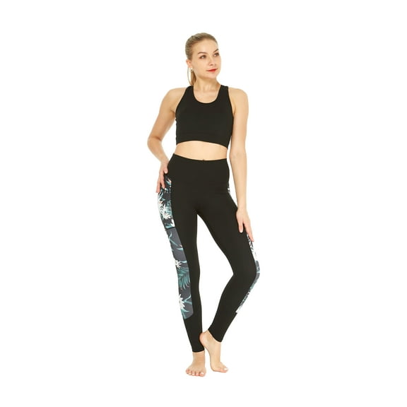 Women's Athletic Sportswear Solid Bra Top and Side Floral Legging Set in Wispy Cereus Black X-Large