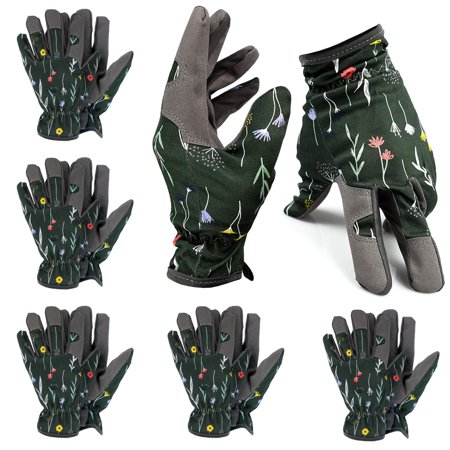 BIGTREE Gardening Gloves Fingertip Grips Lawn Yard Garden Work Gloves Floral Pattern Green  6 Pairs