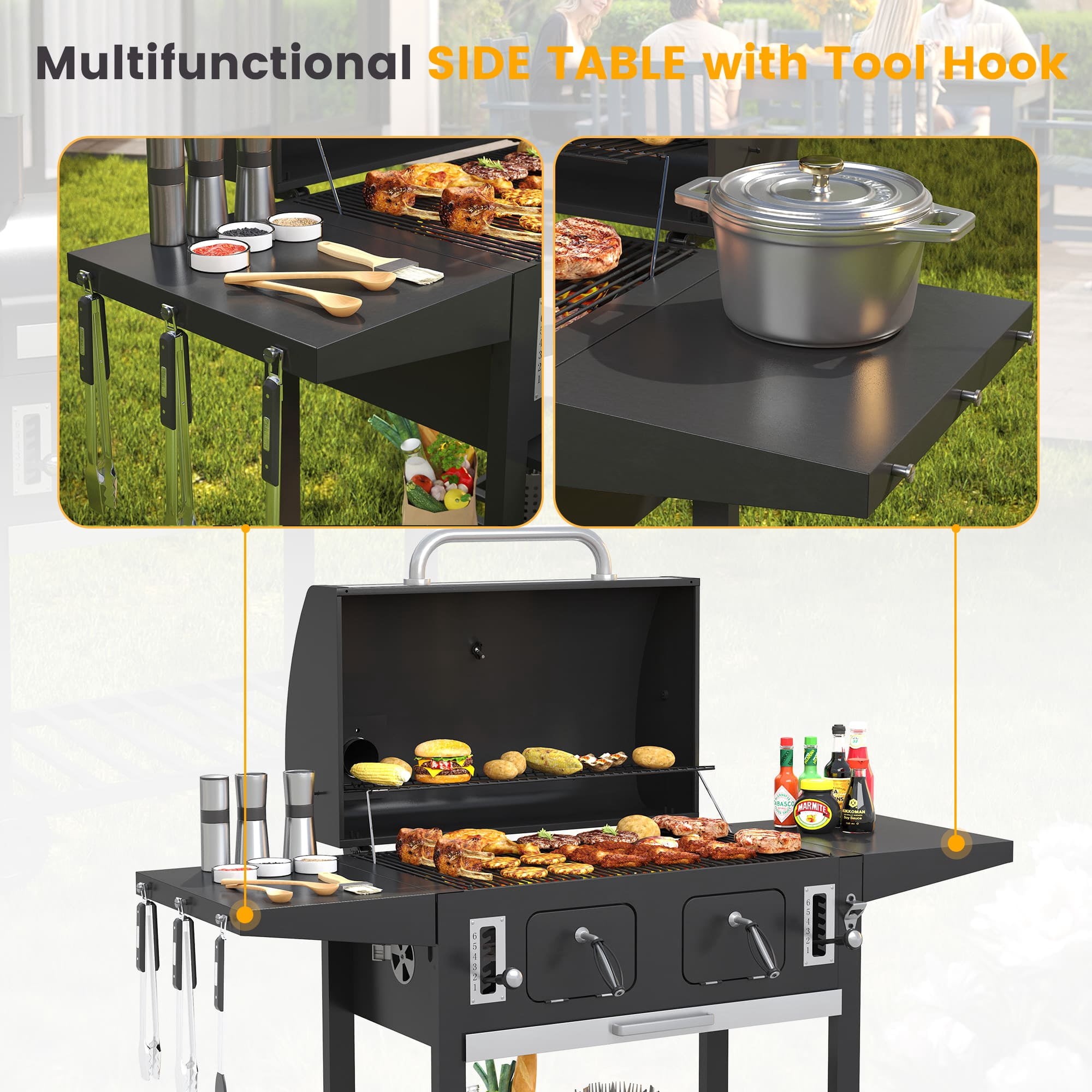 Vicllax Charcoal Grill with Side Tables Barbecue BBQ Smoker for Patio Cooking Camping Picnic