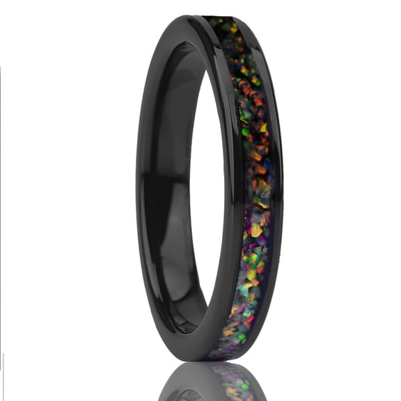 4mm Wide Tungsten Steel Flat Electroplated Black Couple Ring with Colored Opal Ring