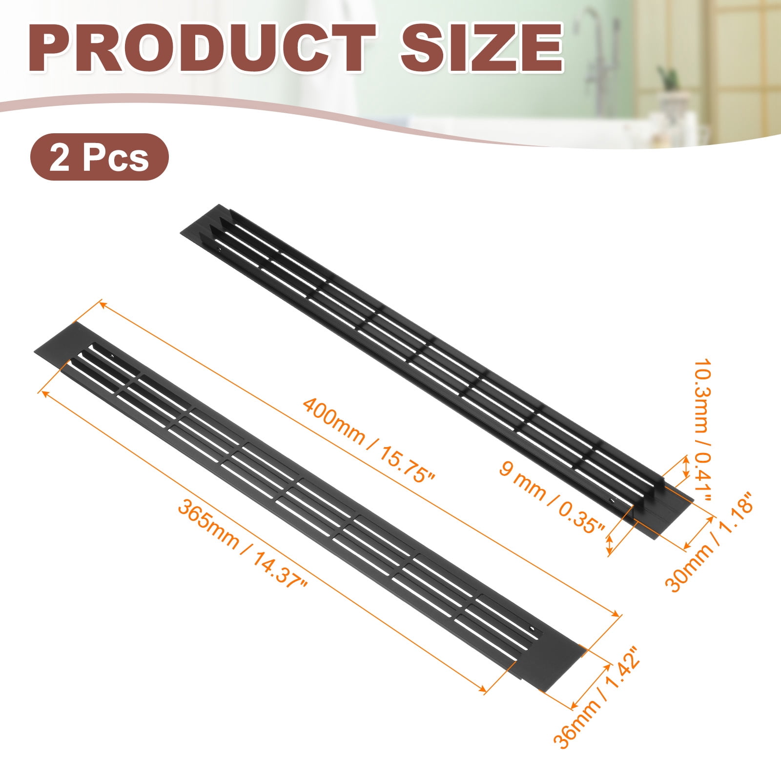 Uxcell 2 Pcs Door Air Vent Cover, 15.7"x1.4" Aluminum Rectangle Grille Ventilation Cover Toe Kick Vent Guard for Cabinet Wardrobe Ceiling Door Wall Floor Garage Furniture, Black
