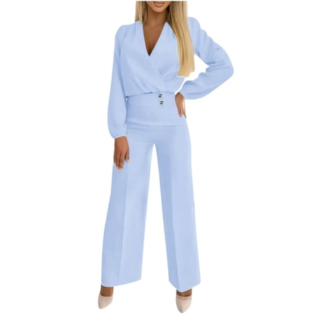 AINIYS Women s Business Casual Outfits Lightweight Deep V Neck Long Sleeve Shirt and Wide Leg Pants Suit Set Light Blue S