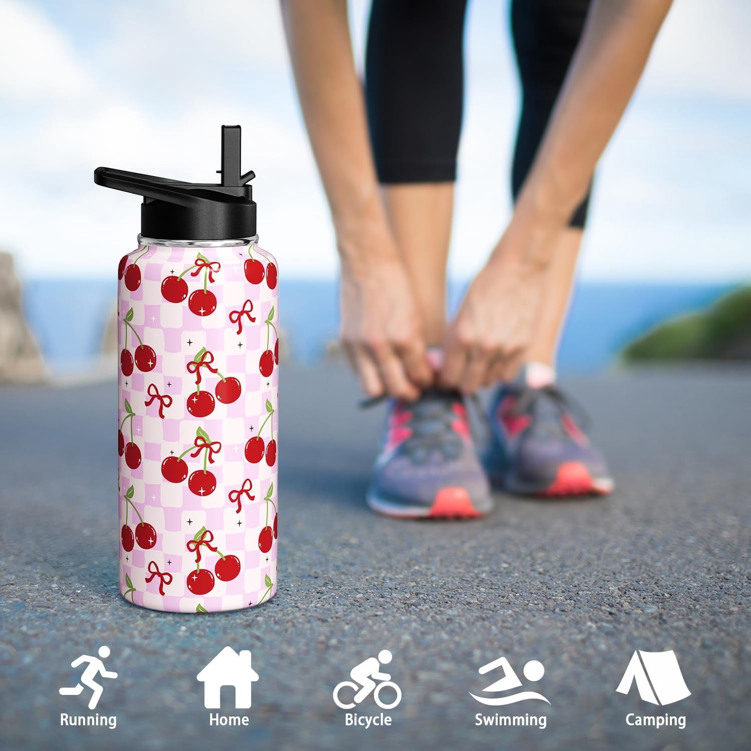 Cherry Water Bottle 32oz Insulated Stainless Steel Thermoses Sports Bottles Cup with Handle and Flip Straw Cherry Gifts Stuff for Girls Women