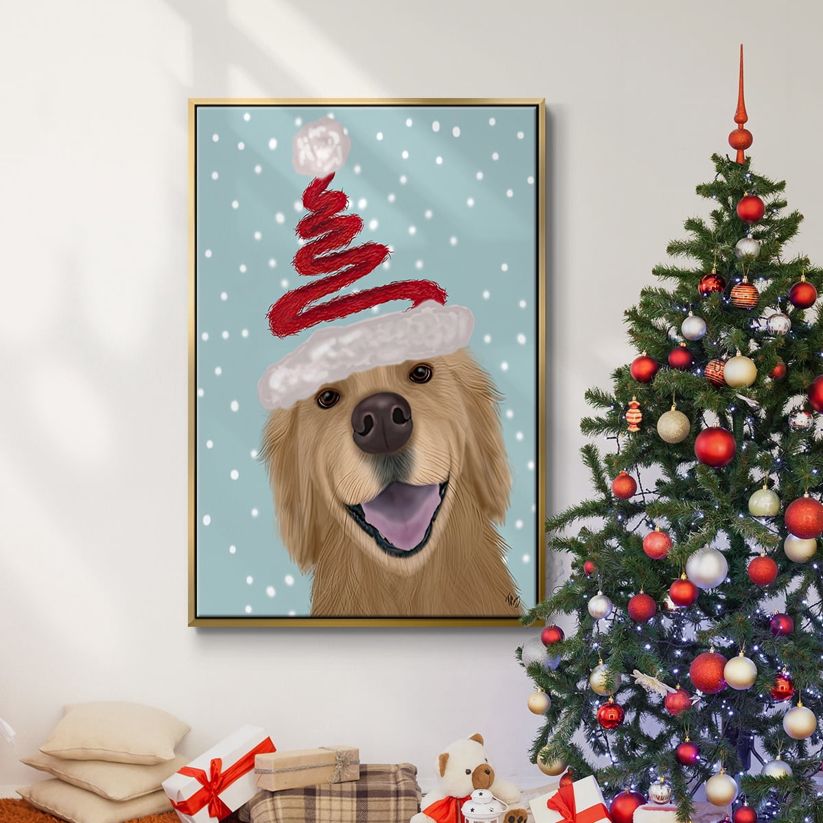 Christmas Golden Retriever and Spring Santa Hat - Framed Gallery Wrapped Holiday Canvas - 27 x 41 - Gold Frame