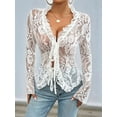 thumbnail image 5 of Lace Tops for Women Long Sleeve See Through Sheer Mesh Crop Top Shirt Open Front Tie Blouse Ruffle Cream White S, 5 of 8