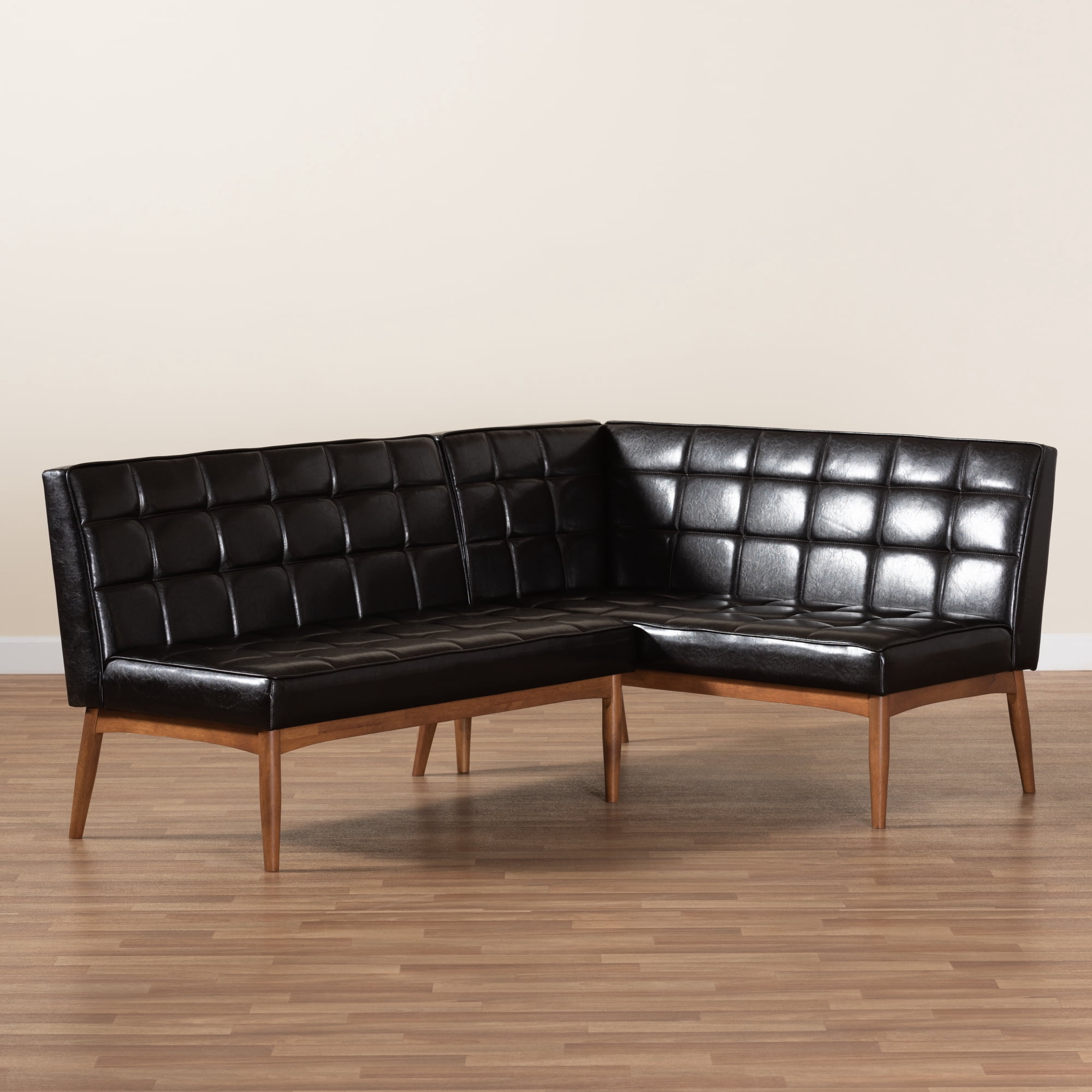 Baxton Studio Sanford Mid-Century Modern Dark Brown Faux Leather Upholstered and Walnut Brown Finished Wood 2-Piece Dining Nook Banquette Set