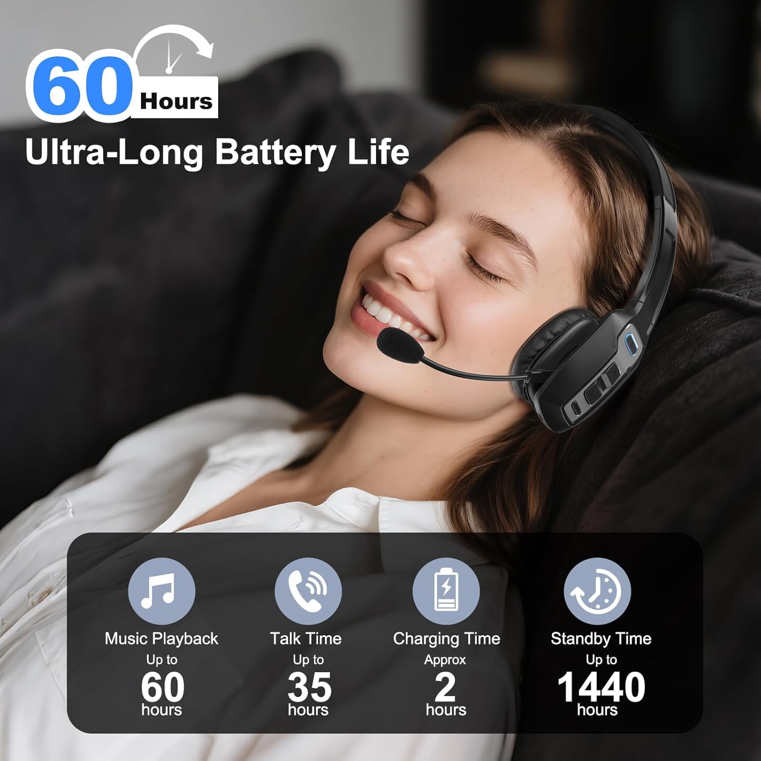 Truck Driver Bluetooth Headset with 270° Adjustable Microphone, AI Noise Cancellation & Mute Button, Supports Hands-Free Calls, for Home/Office/Call Centers (Black)