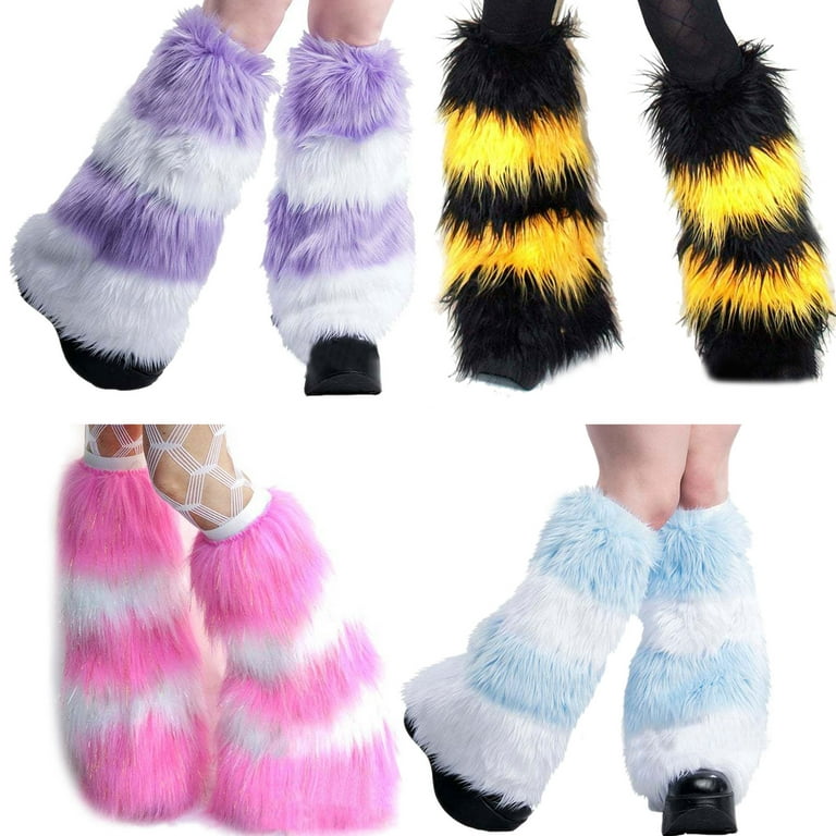 Women's Fur Leg Warmers Warm Furry Fuzzy Leg Warmers Rave Fluffies Boot  Cuffs Cover (White-B)