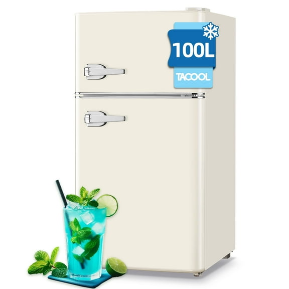 TACOOL Small Retro Mini Fridge with Top Freezer 100 Liter Dual Door Compact Refrigerator with Adjustable Thermostat LED Light, Low Noise for Dorm Cream White