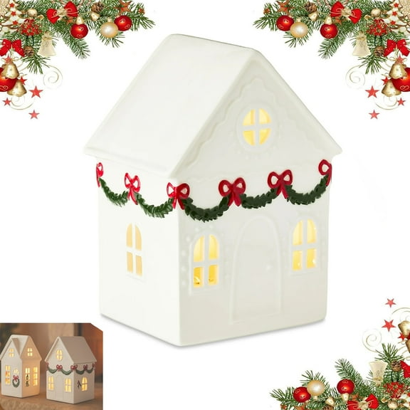 Resin Christmas Village Houses, White Small Tabletop House Figurines for Home Decor, Glowing Led Resin Christmas Cabin,Christmas Light Up Village Houses Village Figurines Xmas Village Collections