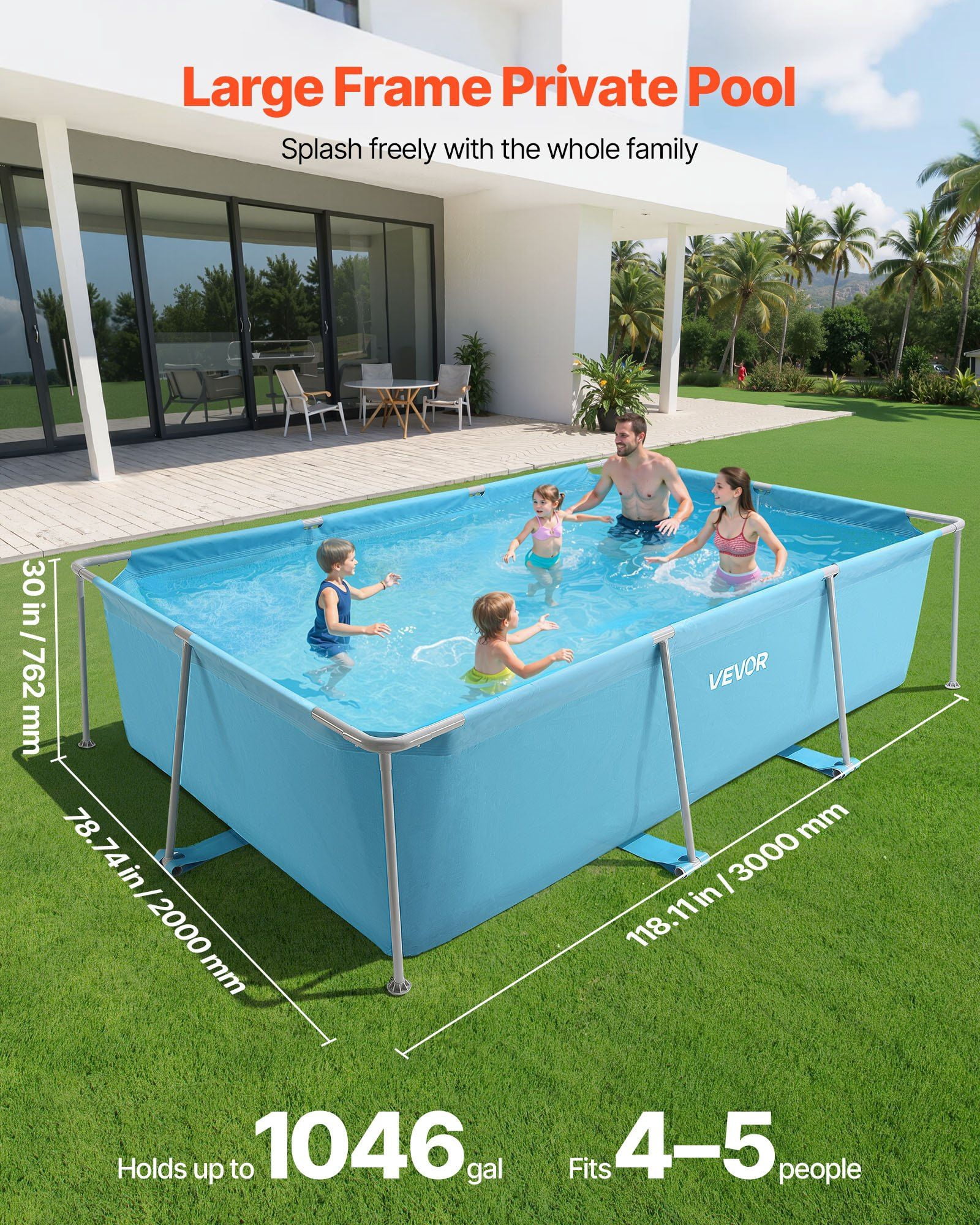 Rectangular Steel Frame Above Ground Swimming Pool 118x78x30 Inch Large Outdoor Backyard Family Pool Easy to Assemble Rust Resistant 1046 Gallon Water Capacity Blue
