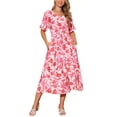 thumbnail image 1 of INSPIRAR CHIC Vestidos de Verano Boho para Mujeres con Escote en V, Manga Corta, Cintura con Cinta, Fluido, Con Abertura, Floral, Vestido Maxi de Playa S Rosa, 1 of 5