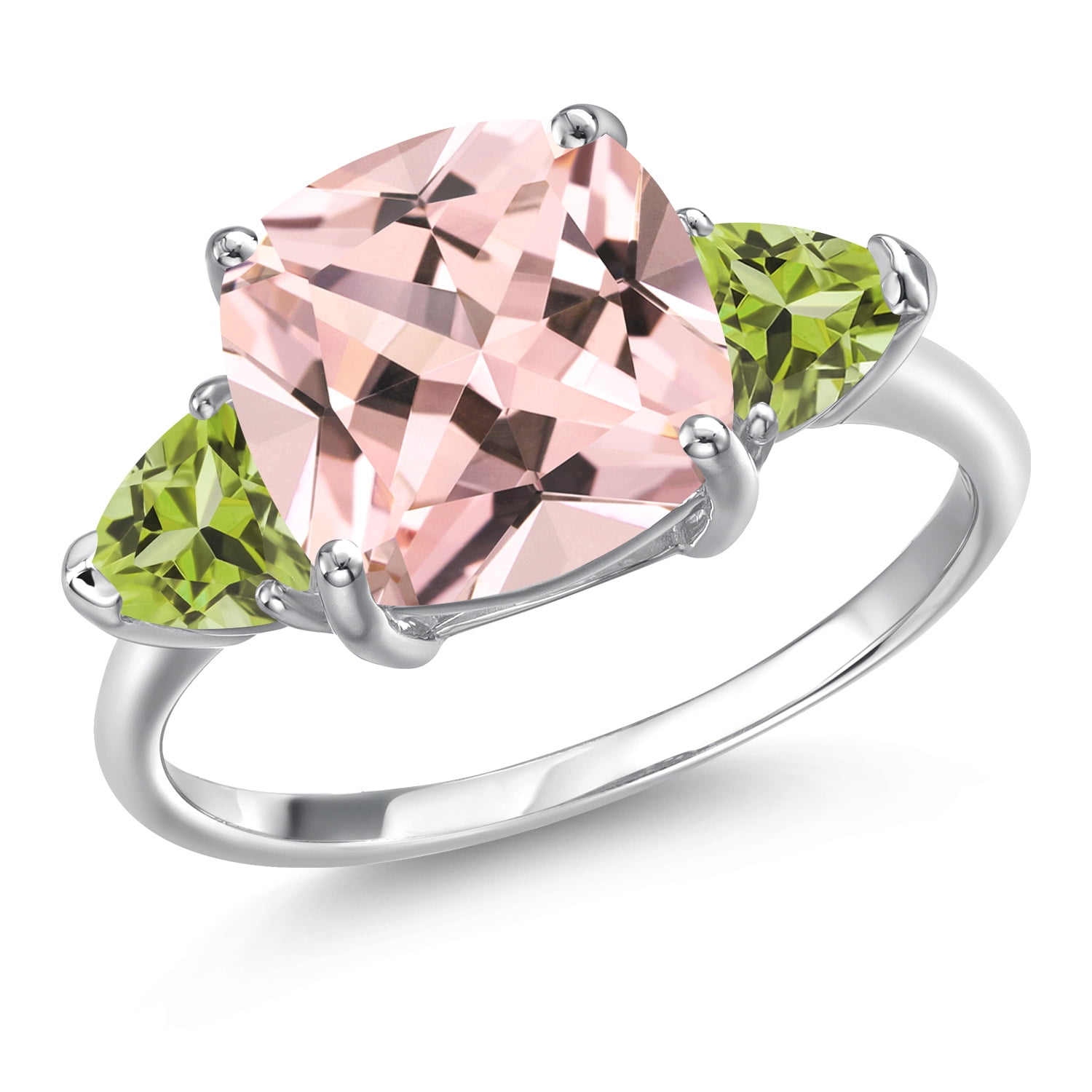 Gem Stone King 5.28 Cttw Cushion Peach Nano Morganite and Green Peridot 3-Stone Ring for Women | 10K White Gold | Wedding Engagement Anniversary Promise Ring for Women | Size 5-9 | Size 8