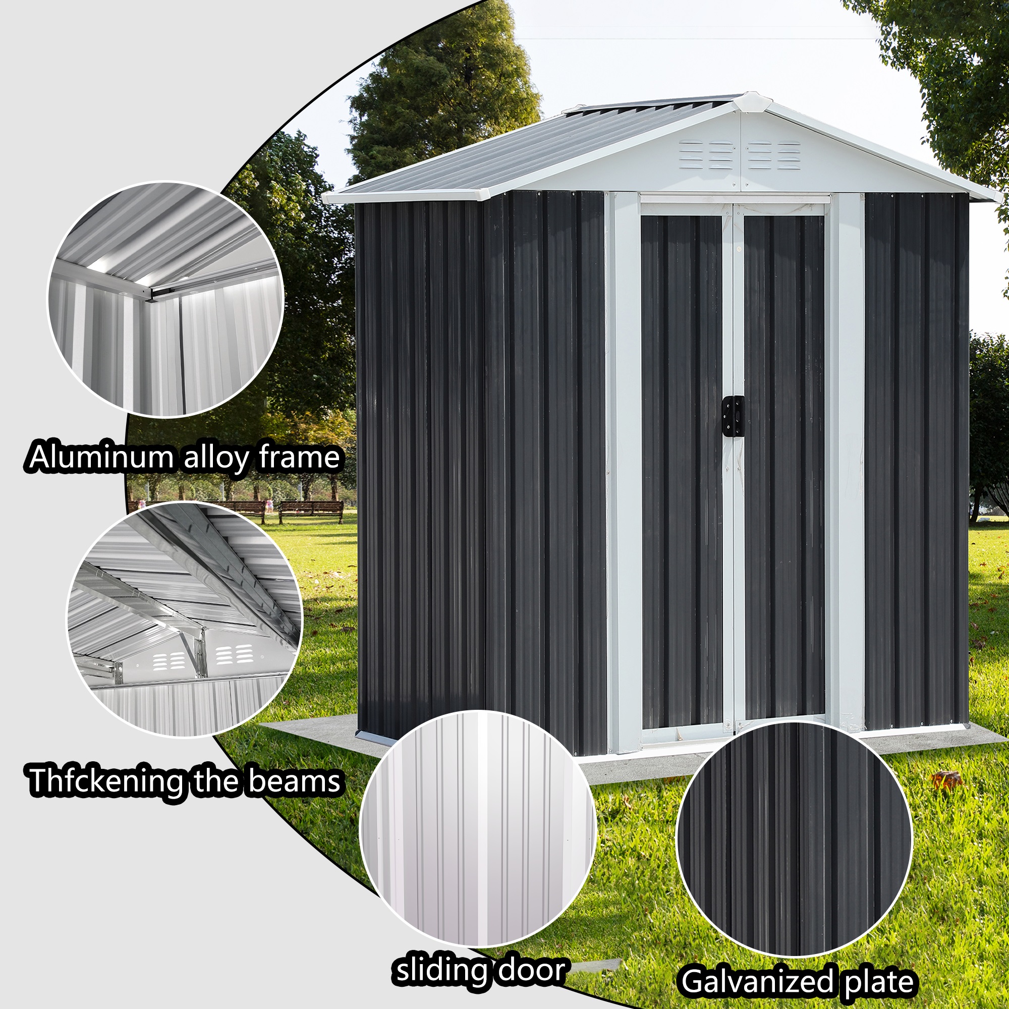 5x3ft  Waterproof Metal Outdoor Garden Storage Shed with Sliding Doors&Apex Roof