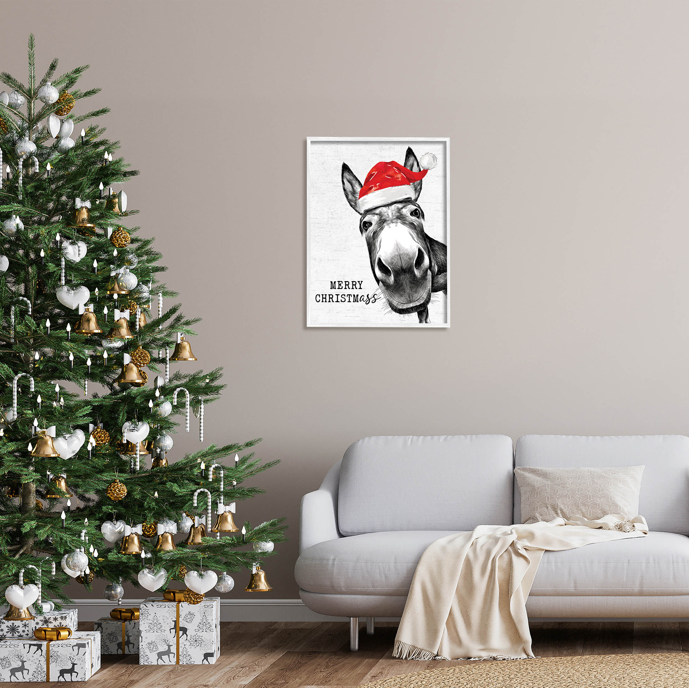 Stupell Industries Merry Christmass Funny Donkey Graphic Art White Framed Art Print Wall Art, Design by Lettered and Lined
