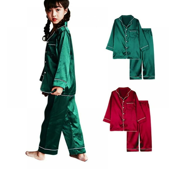 3-10T Boys Girls Button Down Pajamas Kids Solid Long Sleeve Top Long Pant Sleepwear