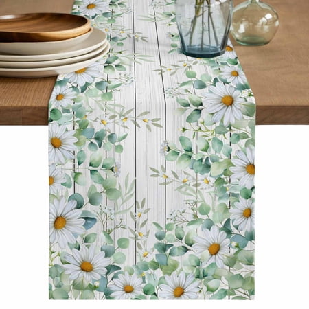 Table Runner 72 Inches Long for Kitchen Dining Green Eucalyptus Leaves Dresser Scarf Farmhouse Dining Table Decorations for Wedding/Parties Daisy Floral Summer Botanical Wooden 13 x 72 In