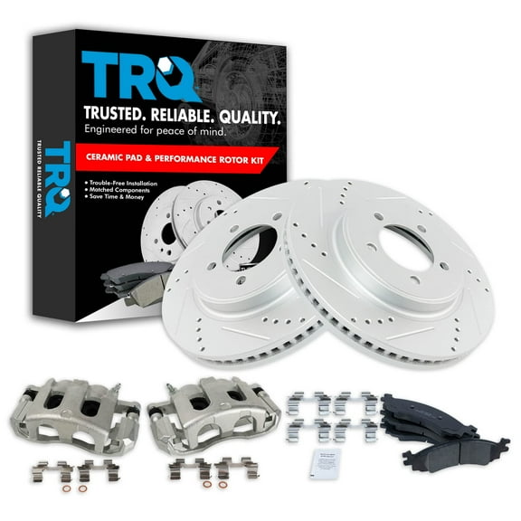 TRQ Front Ceramic Brake Pad, Performance Rotor & Caliper Kit Fits Select Ford