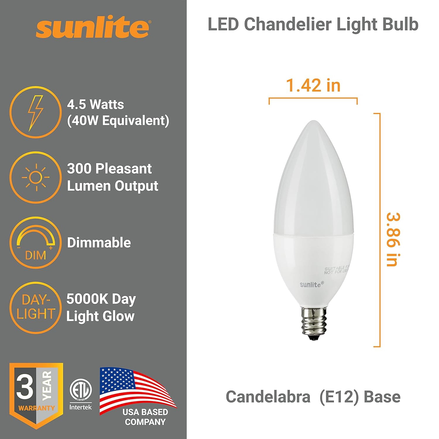 Sunlite LED B11 Frosted Torpedo Tip Chandelier Light Bulb, 4.5 Watts (40W Equivalent), Candelabra E12 Base, Dimmable, 5000K Daylight, 6 Pack