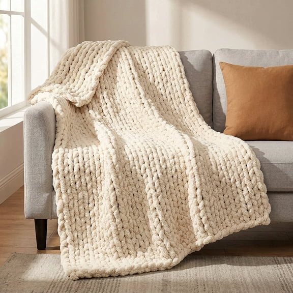 HomeCozy Chunky Knit Throw Blanket, 50x60 Inch Beige Soft Thick Chenille Blanket for Couch, Bed, Sofa, Cozy Hand Knitted Rope Knot Crochet Throw