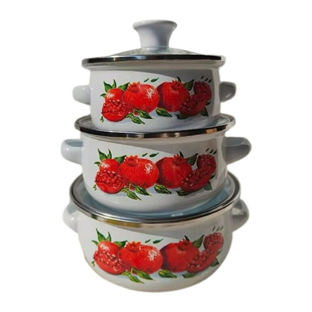 3 piezas Sockpot de esmalte con ollas de sopa de tapa Doble manija de manejo de esmalte vintage portátil para cocinas de inducción en el hogar estufas Rojo